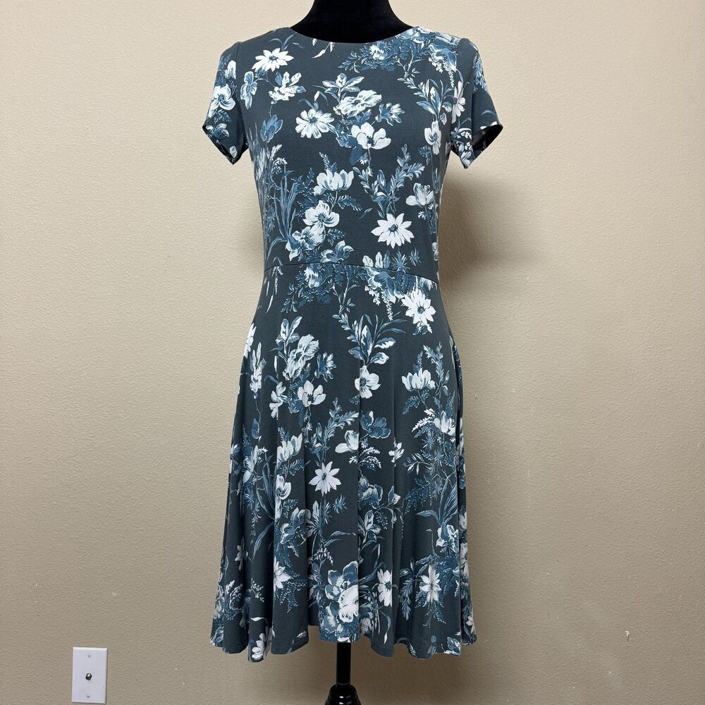 LOFT Dress Womens 2P Petite Blue Floral Fit & Flare Short Sleeve Crisscross Back